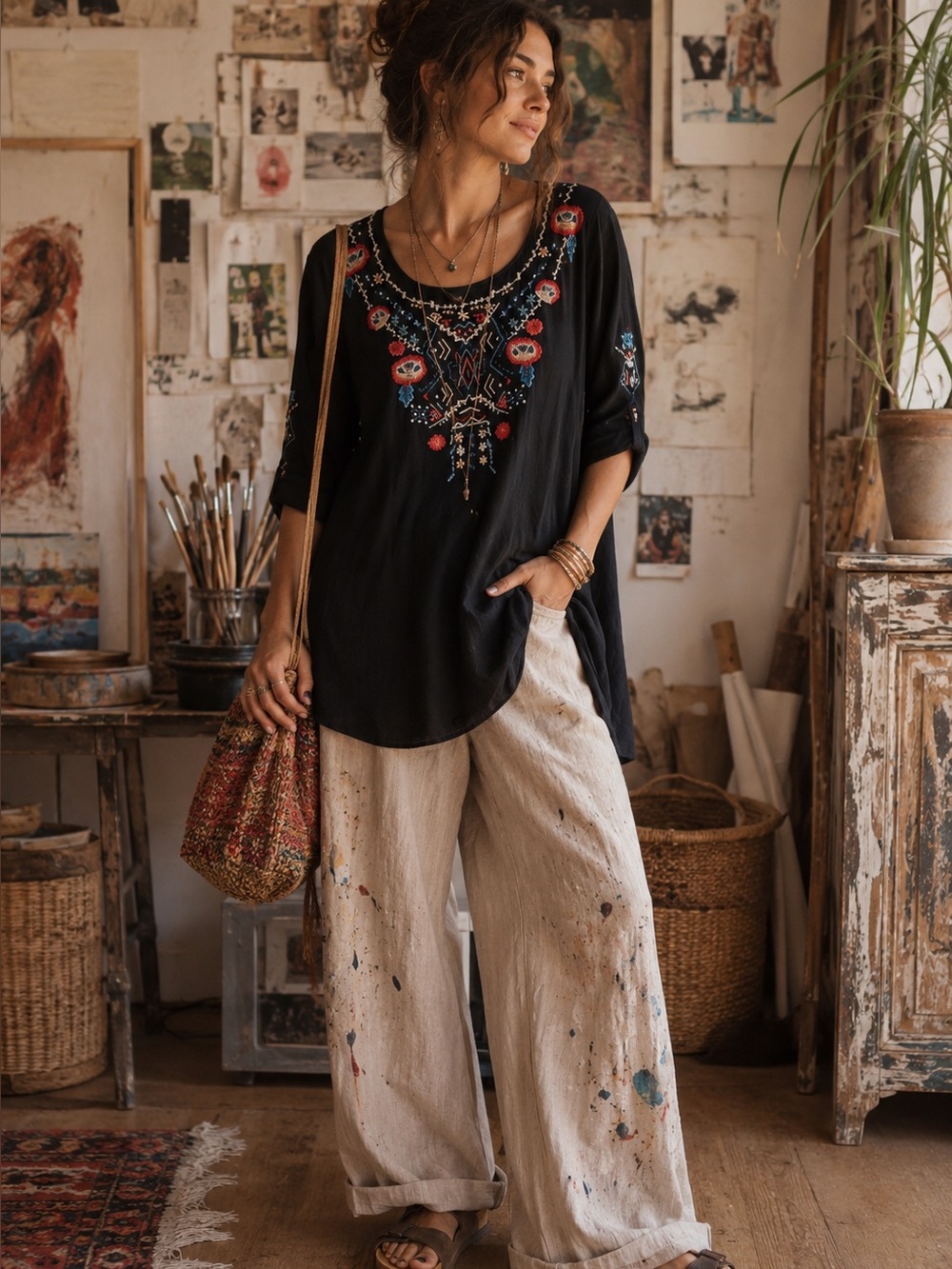 CAITE Embroidered Black Women's Tunic Top SZ S 100% Cotton